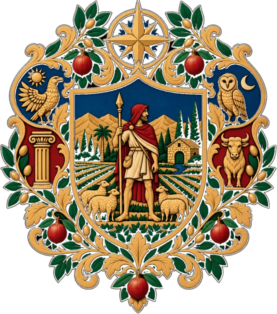 Escudo de Posada Bohórquez: el guardián con su lanza y su rebaño, rodeado de olivos, granadas, el sol y el águila, el búho y la luna, la columna y el toro